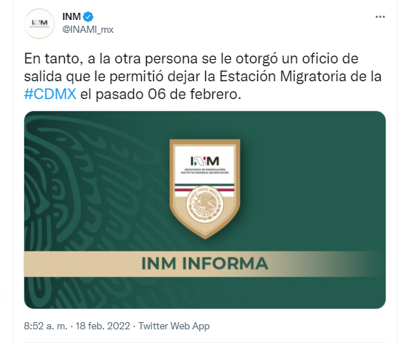 Tuit del INM.